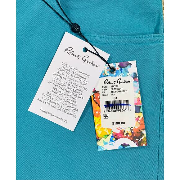 NEW - Robert Graham Women’s “The Perfect Fit” SEATON style TEAL Size 31 pants - Picture 7 of 9
